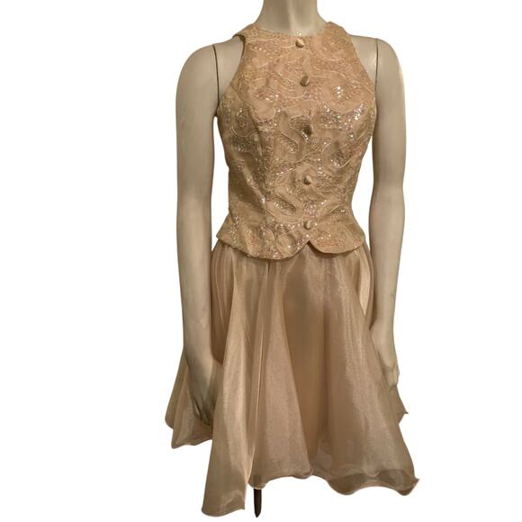 Vintage 90s Faviana Cocktail Dress / Prom Gown Sz 3/4 Gold Sequined - Picture 3 of 11